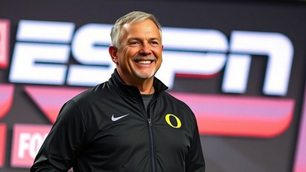 Dan Lanning wearing an Oregon jacket, ESPN backdrop.
