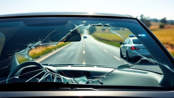 Car windshield damaged with hole; police car on rural road.