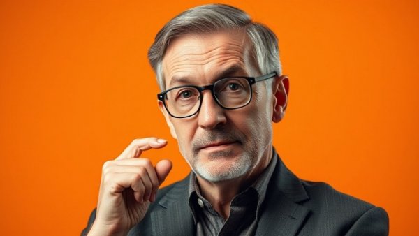 Middle-aged professor with glasses reflecting deeply.