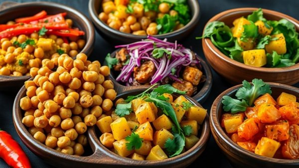 Colorful Indian meal with salad, curry, and chickpeas, capturing Thanksgiving dining in Dallas.