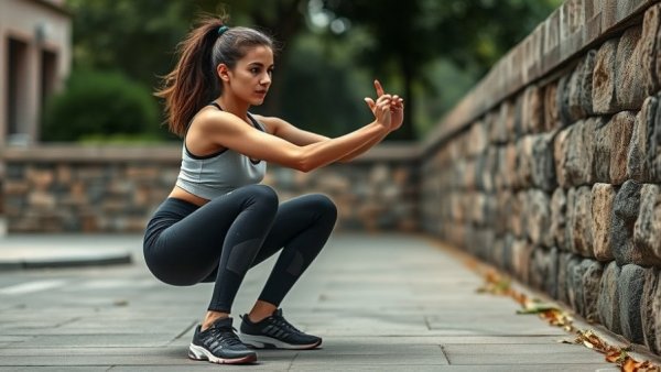 Focused woman doing squats outdoors highlighting leg strength and brain function.