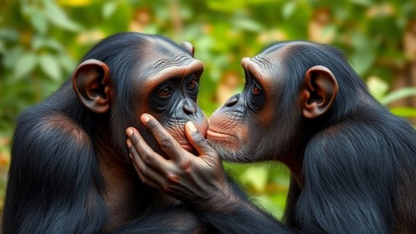 Chimpanzees hugging in forest illustrating the evolution of kissing