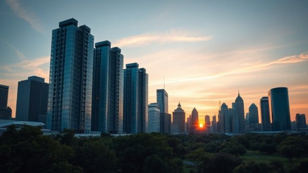 Skyline of a city at sunset with modern buildings, related to Harris County elections 2026.