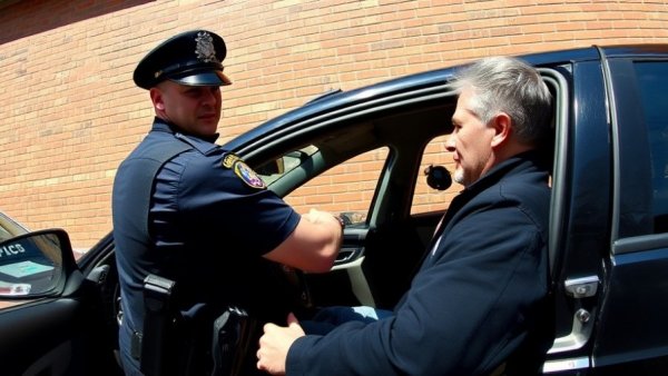Officer engages with individual in car during tense encounter, daylight.