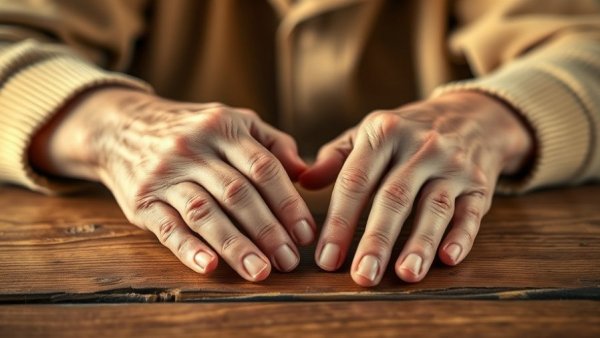 Elderly hands on a table, related to Low Protein Diets for Parkinson's Disease.