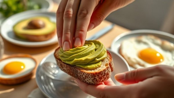 Heart healthy breakfast with avocado toast and egg in sunlight.