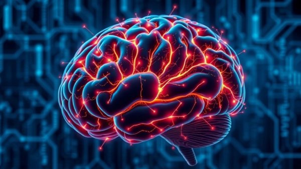 Illustration of brain circuits controlling compulsive behavior with digital elements.