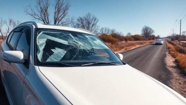 Shattered windshield on a car after impact on rural road