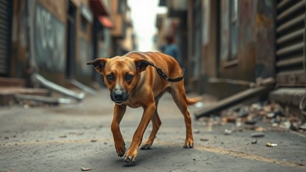 Cautious stray dog on urban street addressing dangerous dogs in San Antonio.