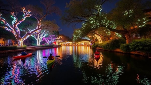 Holiday night kayaking in San Antonio with bright festive lights.