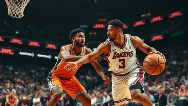 NBA Nightly Recap: Players in an intense basketball game, vivid action scene.