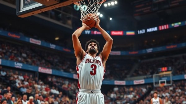 NBA player takes a jump shot in crowded stadium, showcasing dynamic play.