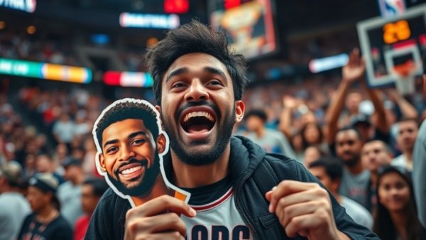 San Antonio Spurs fan holds player's cutout in lively arena.