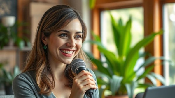 Woman discussing should Christians do yoga in a cozy indoor setting