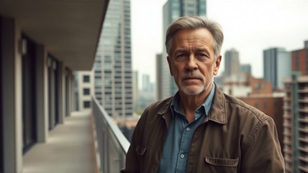 Mature man promoting wellness on balcony, urban cityscape.