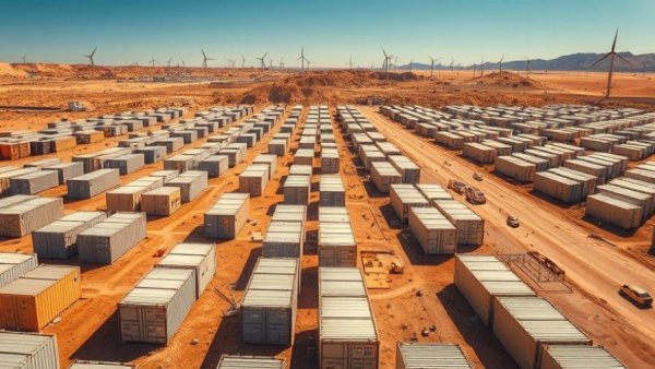 Texas solar and battery projects risk shown by vast industrial battery storage in desert.