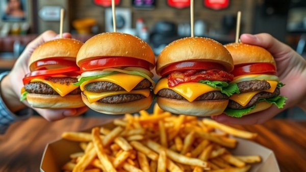 Cuatro de Kilo moving burgers with fries, appetizing display.