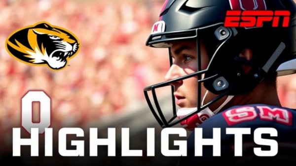 Missouri Tigers vs. Oklahoma Sooners football highlight image with player and logos.