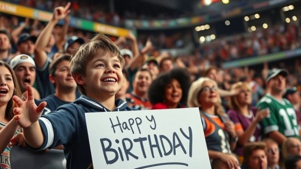Excited fans at Tuscaloosa game celebrating a birthday.