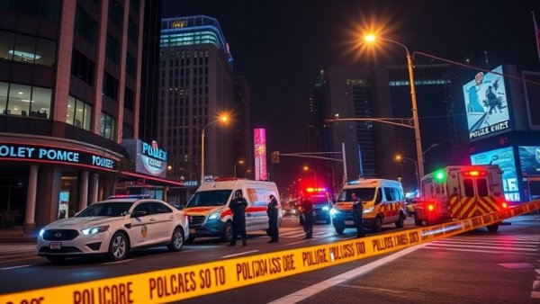 Emergency scene with officers and vehicles in Chicago Loop at night.