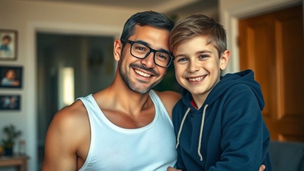 Hero dad bonding with son at home.