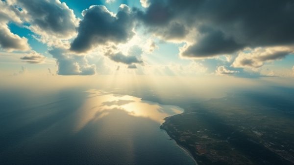 Coastline with sun rays piercing through clouds, serene atmosphere.