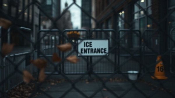 Chain-link fence and ICE entrance, Trump administration fast-track deportations.