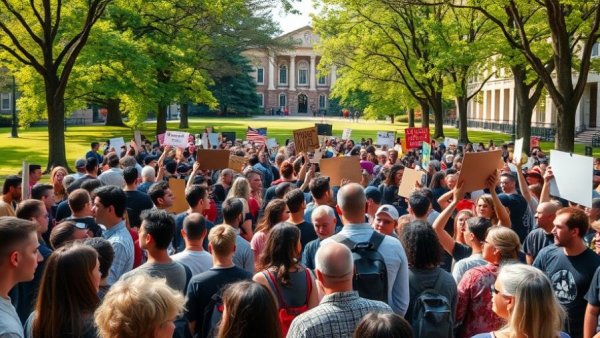 UT Austin protest against Trump compact with engaged crowd and signs.