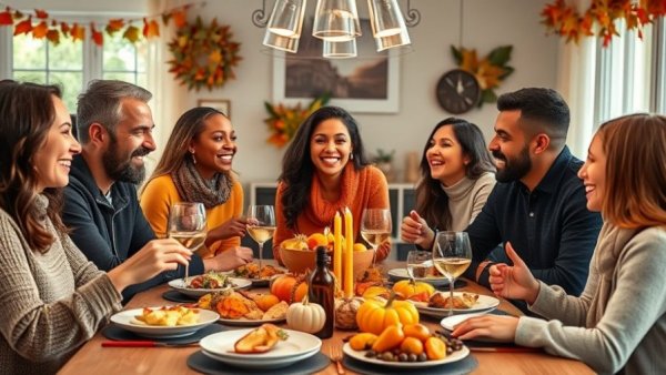 Family enjoying Thanksgiving meal, harmonious college gathering.