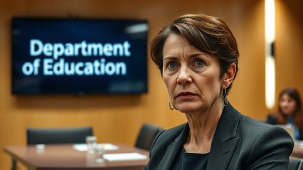 National education policy discussion with Department of Education sign and serious meeting.