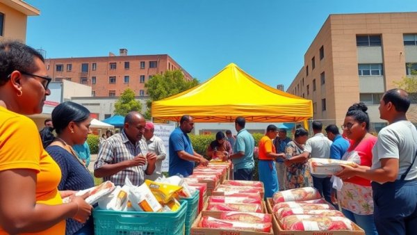 San Antonio food distribution event with community members and supplies.