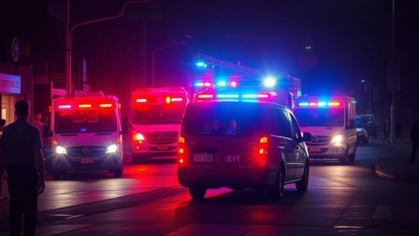 San Antonio emergency vehicles with lights on at night during roof collapse response.
