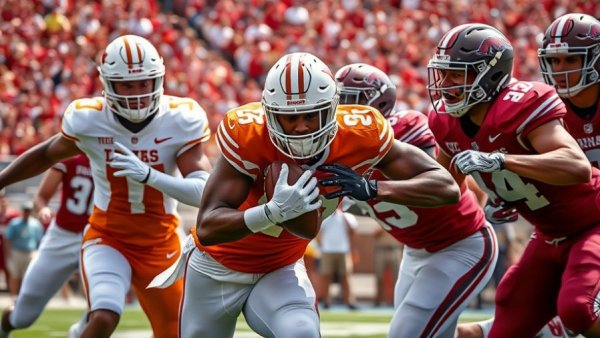 Texas Longhorns and Razorbacks SEC football highlights action shot.