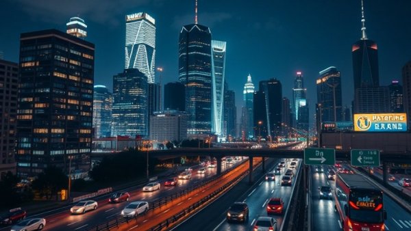 Lively nighttime cityscape of Austin with busy highway, buildings.