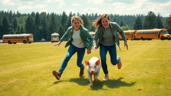 Playful chase scene involving pig and people at Conroe ISD.