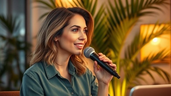 Confident woman sharing healthy aging tips in a vibrant indoor setting.