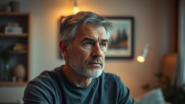 Middle-aged man shares sleep improvement tips indoors, cozy setting