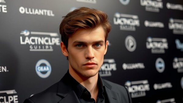 Young man at event in green suit, serious expression.