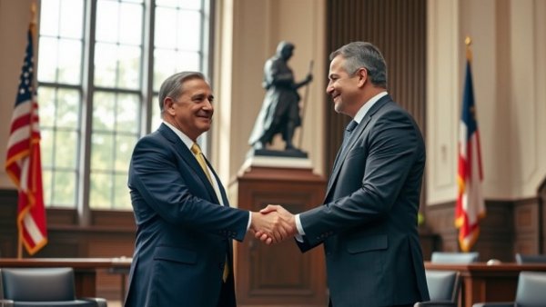 Formal meeting in government office with handshake, official setting.
