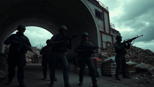 Silhouetted figures holding firearms beside a Hamas tunnel.