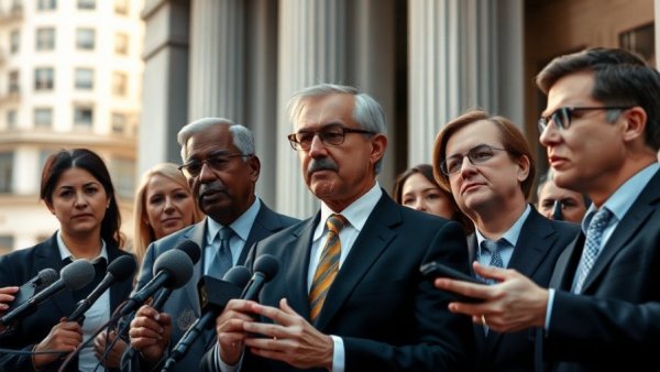 People outside court, media reporting on pandemic fraud scheme sentencing.