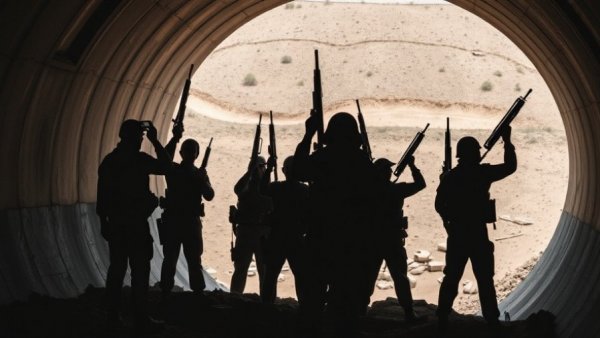 Armed individuals and tunnel view representing Hamas root tunnel destruction.