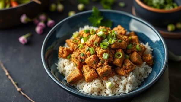 Ginger Tempeh Crumble with Cilantro Rice served on a blue dish.
