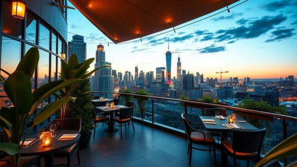 Elegant restaurant patio with cityscape view highlighting Dallas economic development.