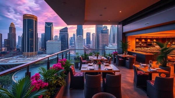 Elegant rooftop dining area with floral seats overlooking cityscape in Dallas commercial real estate developments.