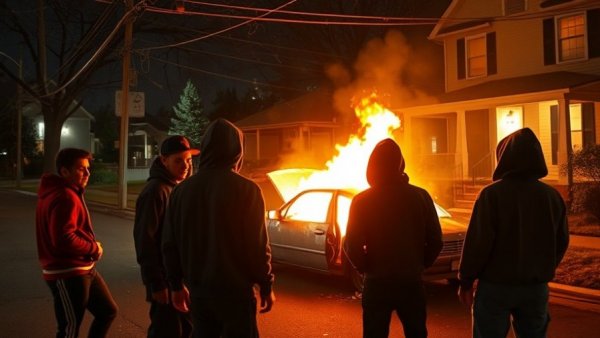 US news teen vandalism captured on CCTV showing car fire.