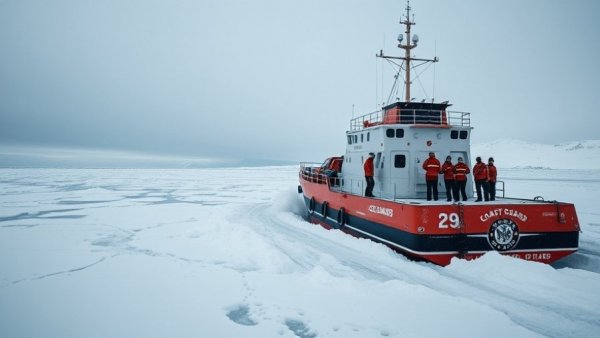 Coast Guard icebreaker navigating icy waters in snowy environment, communication with crew.