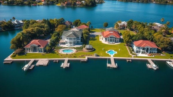 Waterfront homes in the Houston real estate market, aerial view.