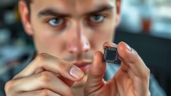 Close-up of a hand holding a small electronic chip, symbolizing preconfigured human brain understanding.