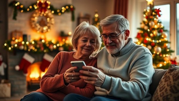 Happy older couple enjoying Christmas by the tree, best time to put up Christmas tree.